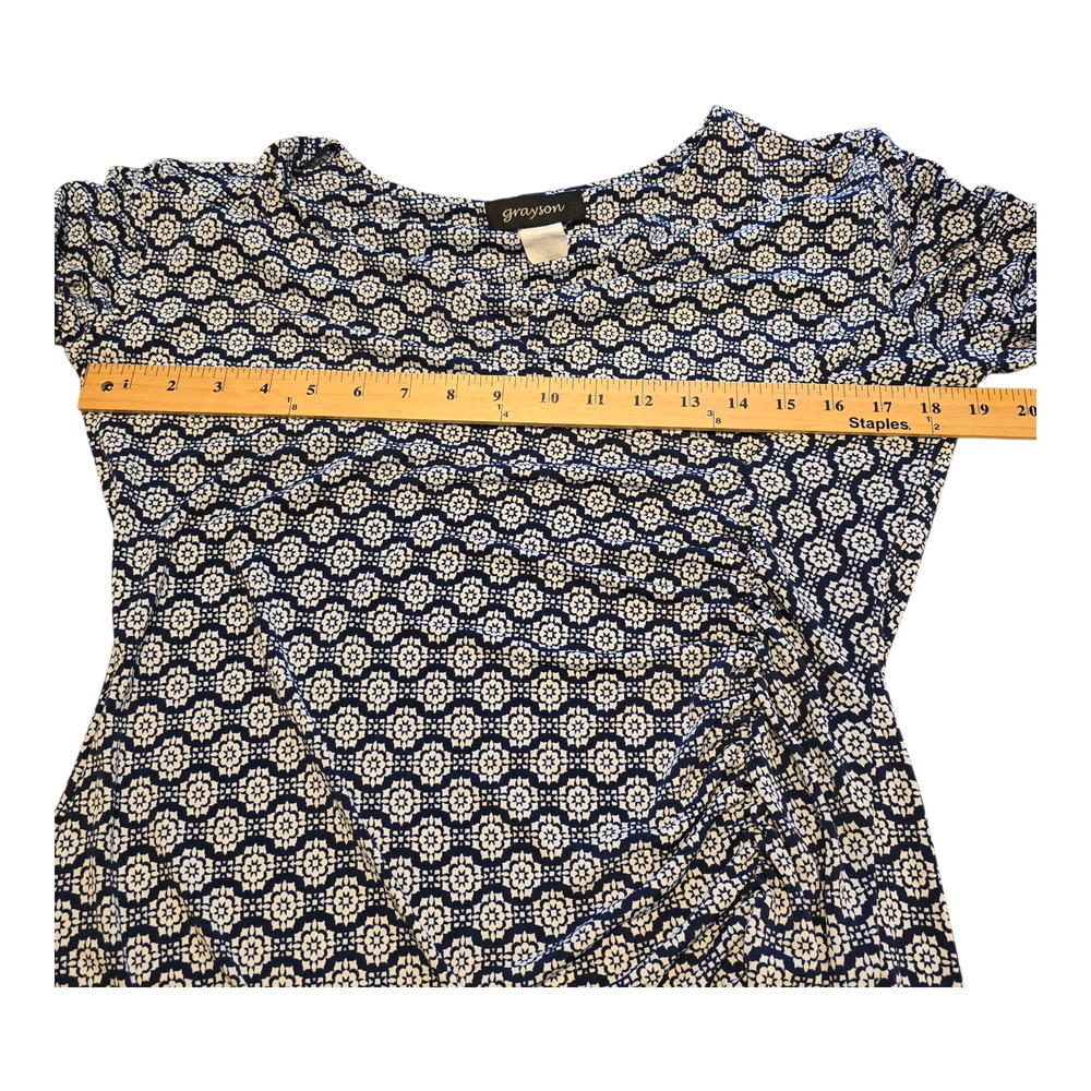 Grayson Top Womens LP Navy White Geometric Print 3/4 Sleeve Ruched 3/4 Sleeve - Picture 10 of 12